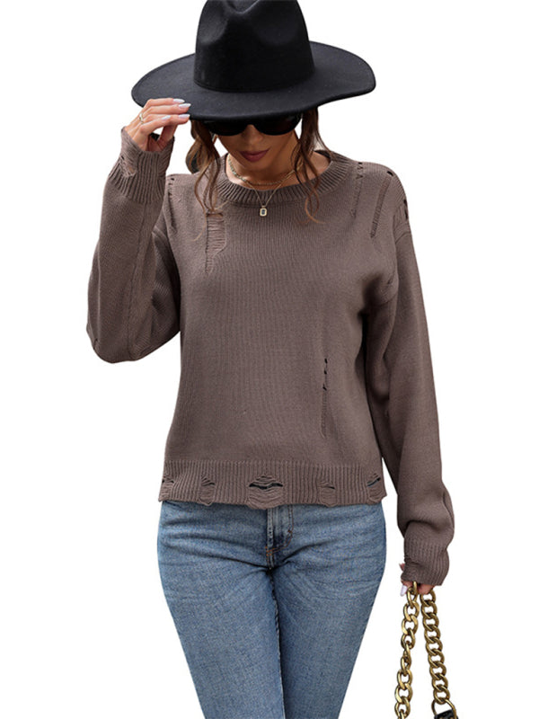 Sweaters- Distressed Knit Sweater for Any Occasion- - Pekosa Women Clothing