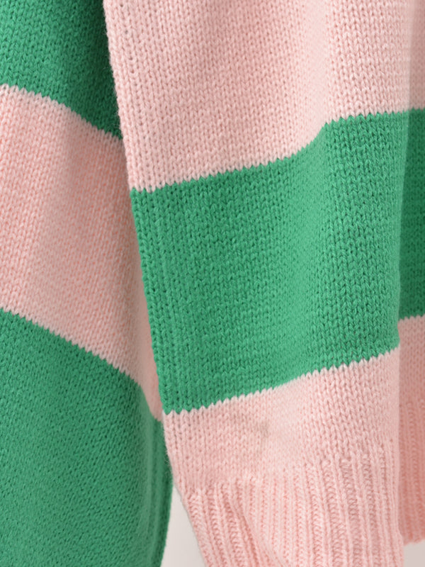 Sweaters- Drop Shoulder Striped Sweater | Casual Knit Jumper- - Pekosa Women Clothing