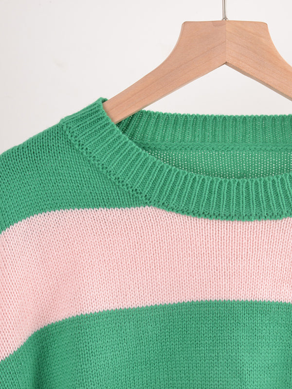 Sweaters- Drop Shoulder Striped Sweater | Casual Knit Jumper- - Pekosa Women Clothing