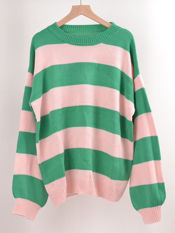 Sweaters- Drop Shoulder Striped Sweater | Casual Knit Jumper- - Pekosa Women Clothing