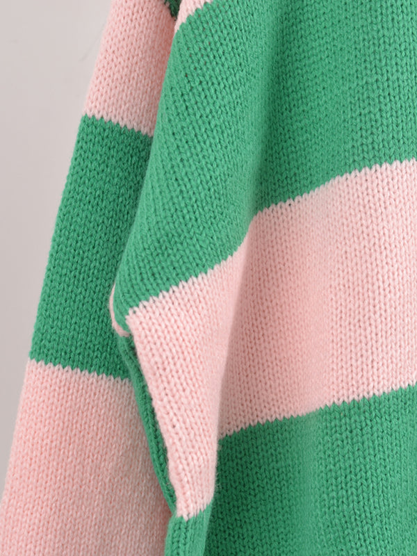 Sweaters- Drop Shoulder Striped Sweater | Casual Knit Jumper- - Pekosa Women Clothing