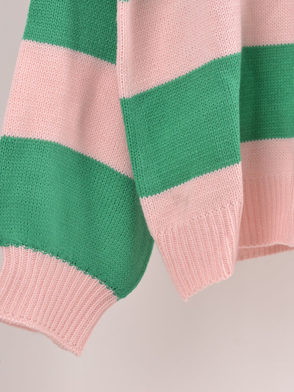 Sweaters- Drop Shoulder Striped Sweater | Casual Knit Jumper- - Pekosa Women Clothing