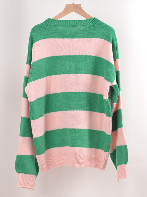 Sweaters- Drop Shoulder Striped Sweater | Casual Knit Jumper- - Pekosa Women Clothing