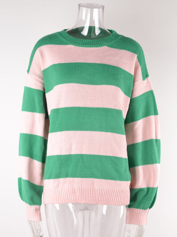 Sweaters- Drop Shoulder Striped Sweater | Casual Knit Jumper- - Pekosa Women Clothing