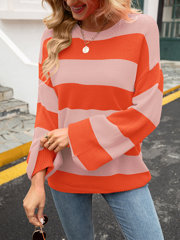 Sweaters- Drop Shoulder Striped Sweater | Casual Knit Jumper- - Pekosa Women Clothing
