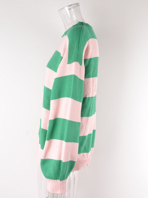 Sweaters- Drop Shoulder Striped Sweater | Casual Knit Jumper- - Pekosa Women Clothing