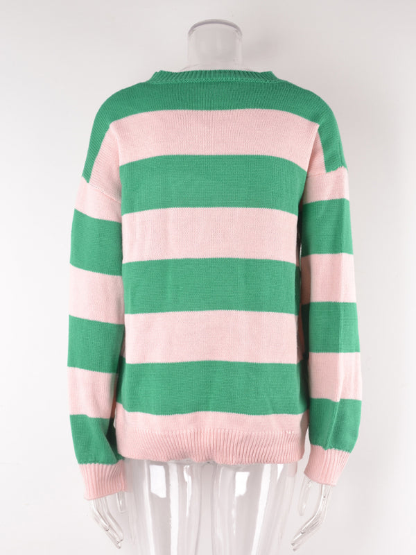 Sweaters- Drop Shoulder Striped Sweater | Casual Knit Jumper- - Pekosa Women Clothing