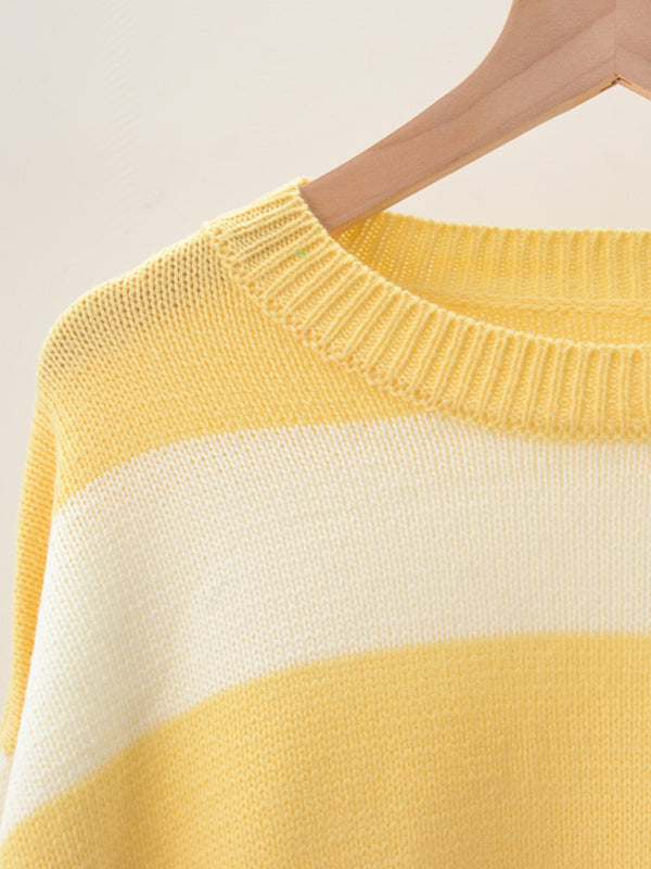 Sweaters- Drop Shoulder Striped Sweater | Casual Knit Jumper- - Pekosa Women Clothing