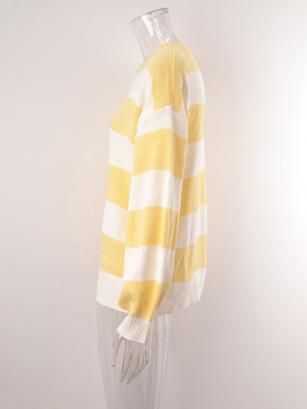 Sweaters- Drop Shoulder Striped Sweater | Casual Knit Jumper- - Pekosa Women Clothing