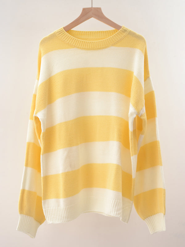 Sweaters- Drop Shoulder Striped Sweater | Casual Knit Jumper- - Pekosa Women Clothing