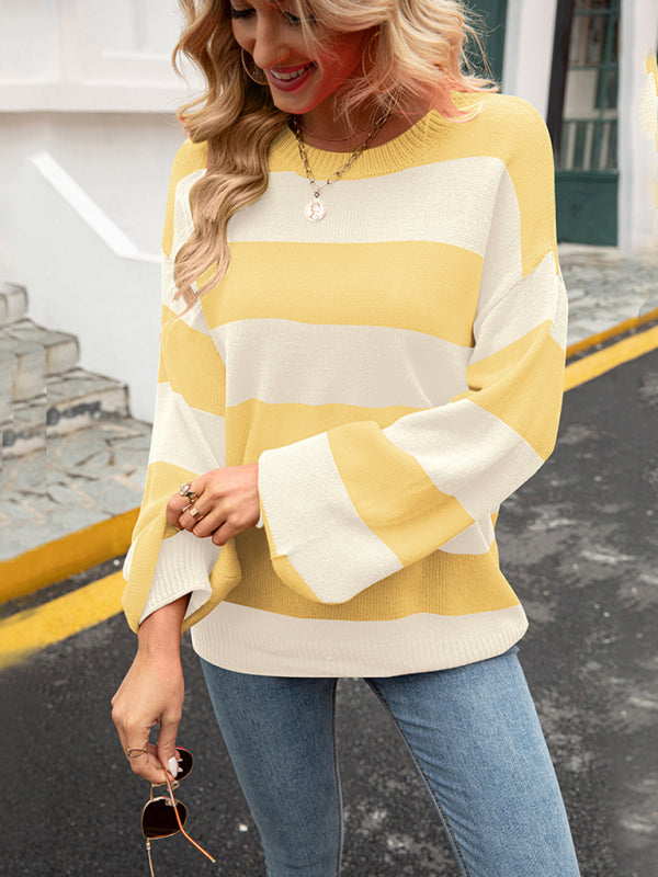 Sweaters- Drop Shoulder Striped Sweater | Casual Knit Jumper- - Pekosa Women Clothing
