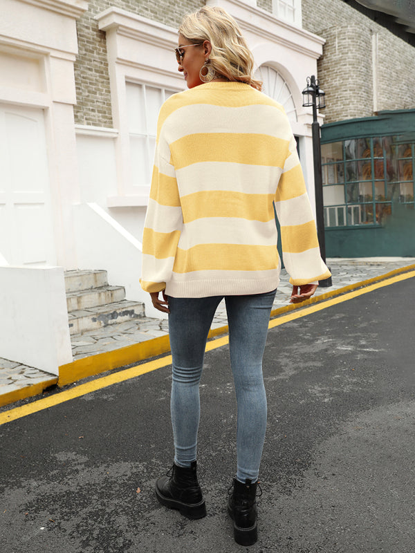 Sweaters- Drop Shoulder Striped Sweater | Casual Knit Jumper- - Pekosa Women Clothing