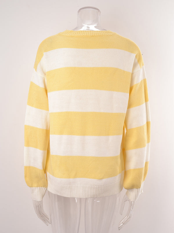 Sweaters- Drop Shoulder Striped Sweater | Casual Knit Jumper- - Pekosa Women Clothing