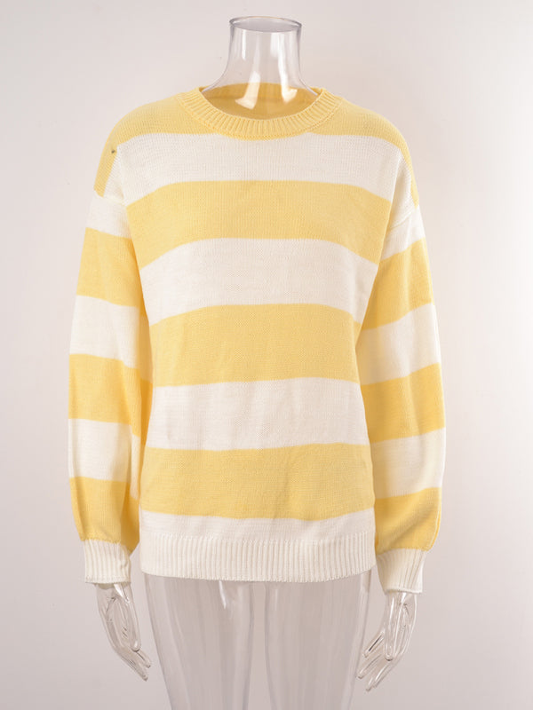 Sweaters- Drop Shoulder Striped Sweater | Casual Knit Jumper- - Pekosa Women Clothing