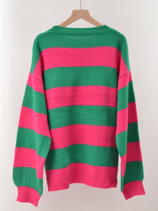 Sweaters- Drop Shoulder Striped Sweater | Casual Knit Jumper- - Pekosa Women Clothing