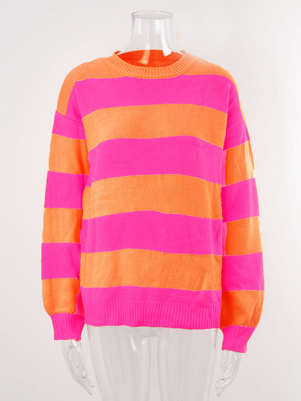 Sweaters- Drop Shoulder Striped Sweater | Casual Knit Jumper- - Pekosa Women Clothing