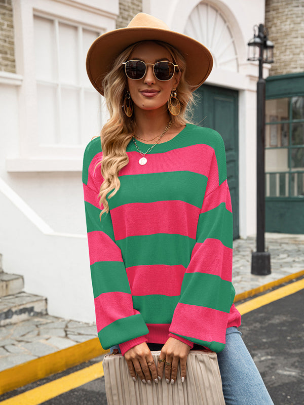 Sweaters- Drop Shoulder Striped Sweater | Casual Knit Jumper- - Pekosa Women Clothing