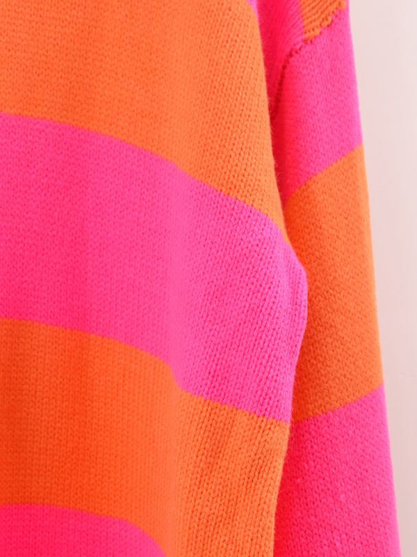 Sweaters- Drop Shoulder Striped Sweater | Casual Knit Jumper- - Pekosa Women Clothing