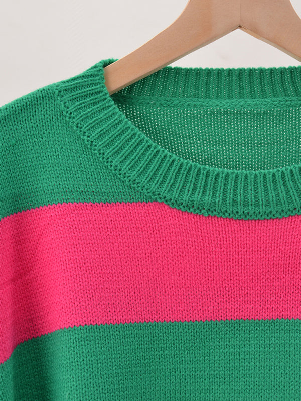 Sweaters- Drop Shoulder Striped Sweater | Casual Knit Jumper- - Pekosa Women Clothing