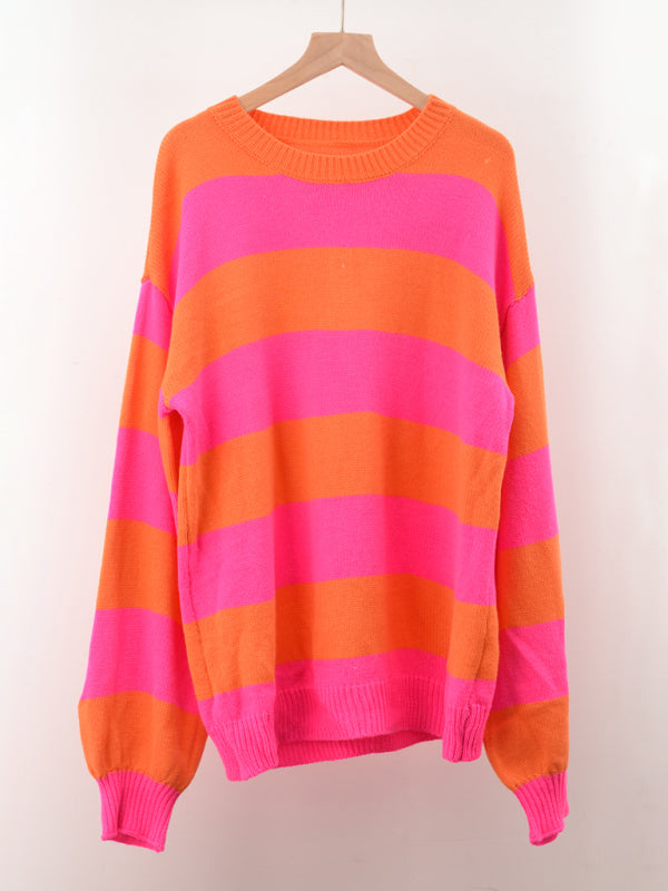 Sweaters- Drop Shoulder Striped Sweater | Casual Knit Jumper- - Pekosa Women Clothing