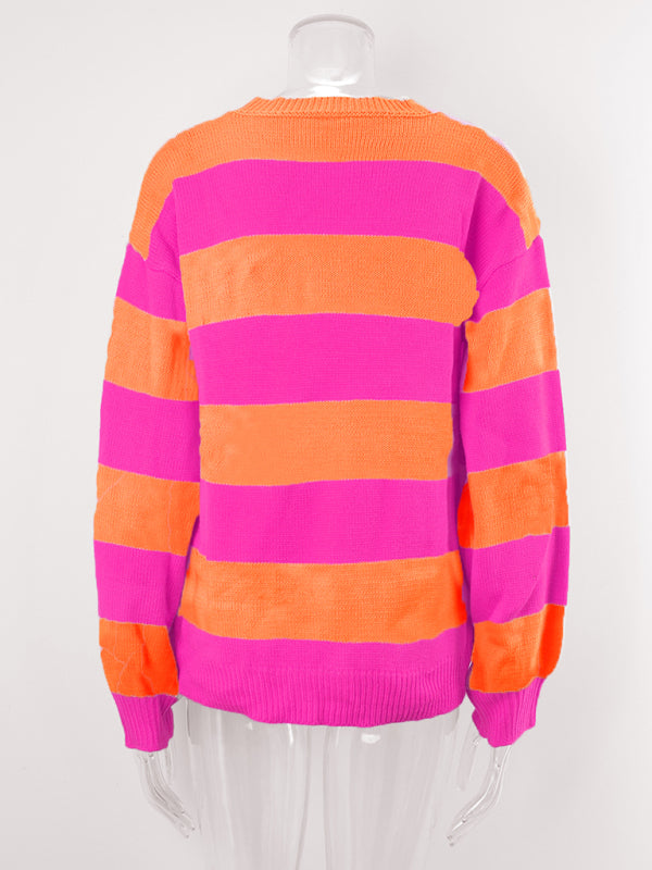 Sweaters- Drop Shoulder Striped Sweater | Casual Knit Jumper- - Pekosa Women Clothing