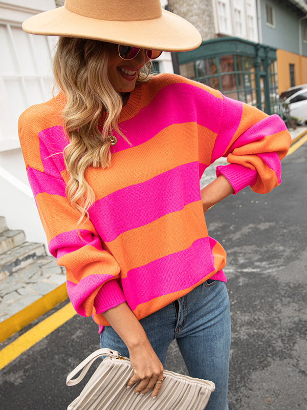 Sweaters- Drop Shoulder Striped Sweater | Casual Knit Jumper- - Pekosa Women Clothing