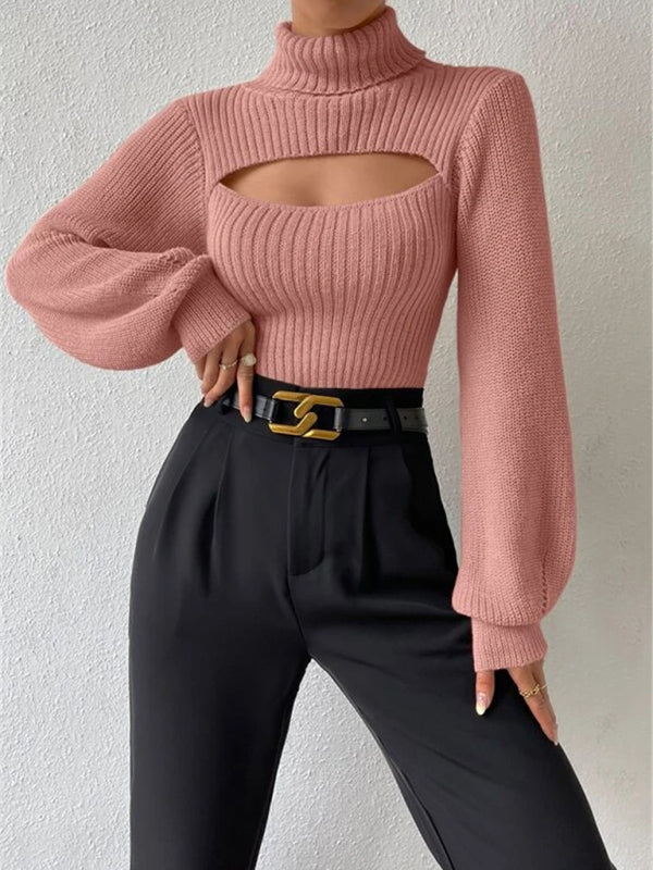 Sweaters- Elegant Rib-Knit Turtleneck Sweater with Cutout Front- Pink- Pekosa Women Clothing