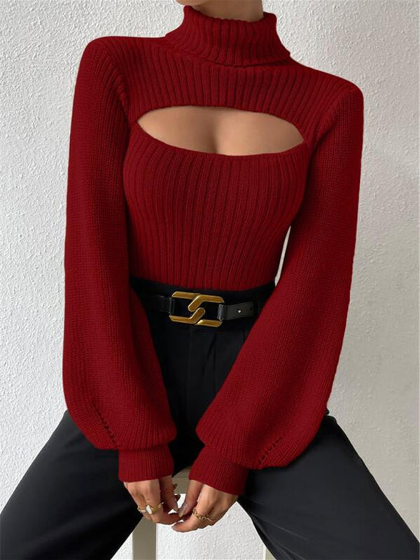 Sweaters- Elegant Rib-Knit Turtleneck Sweater with Cutout Front- - Pekosa Women Clothing