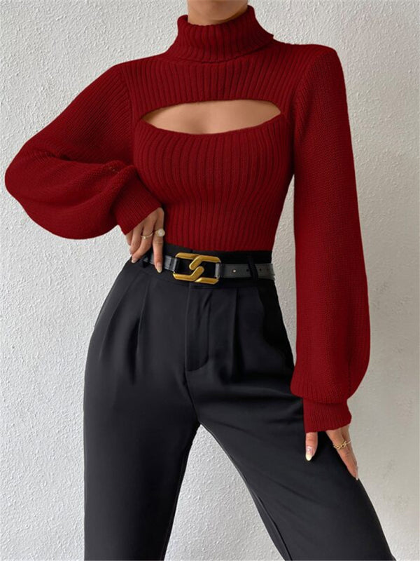 Sweaters- Elegant Rib-Knit Turtleneck Sweater with Cutout Front- Wine Red- Pekosa Women Clothing