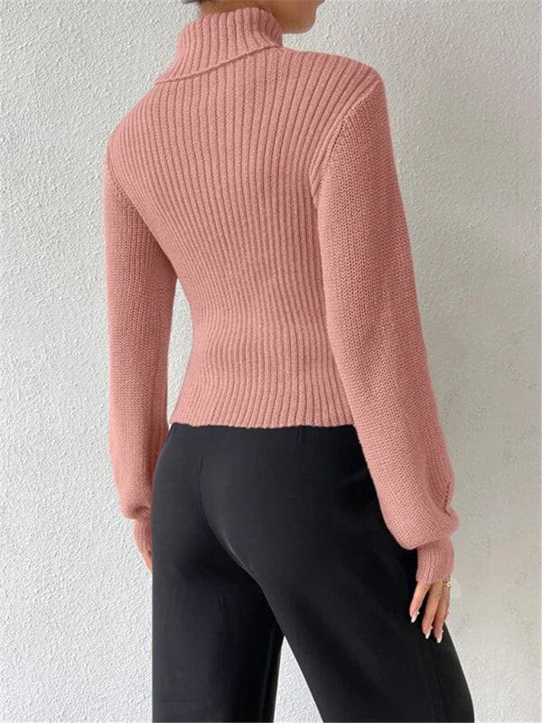 Sweaters- Elegant Rib-Knit Turtleneck Sweater with Cutout Front- - Pekosa Women Clothing