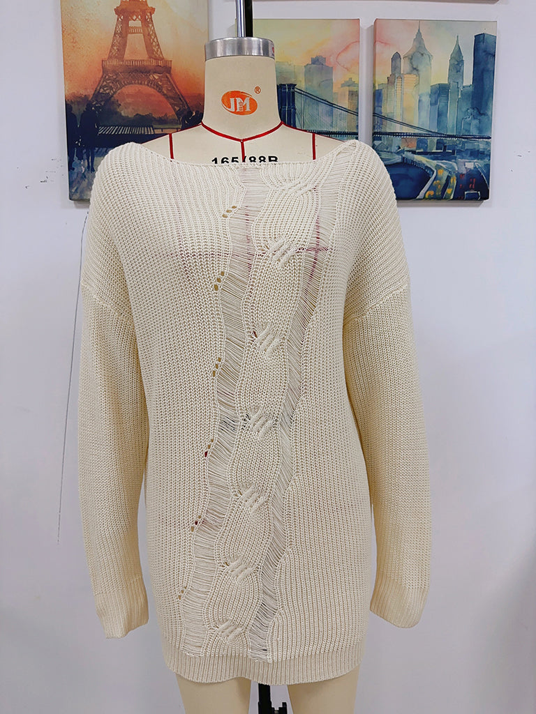 Sweaters- Fashionably Chic: Knit Mesh Insert Sweater - Long Knitwear for Women- - Pekosa Women Clothing