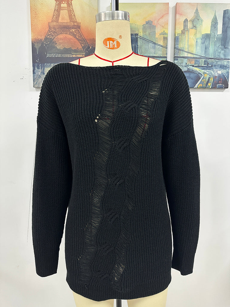 Sweaters- Fashionably Chic: Knit Mesh Insert Sweater - Long Knitwear for Women- - Pekosa Women Clothing