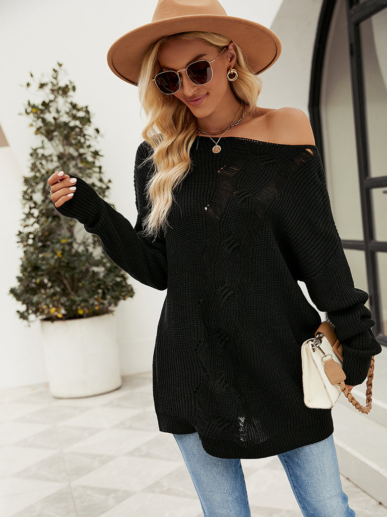 Sweaters- Fashionably Chic: Knit Mesh Insert Sweater - Long Knitwear for Women- - Pekosa Women Clothing