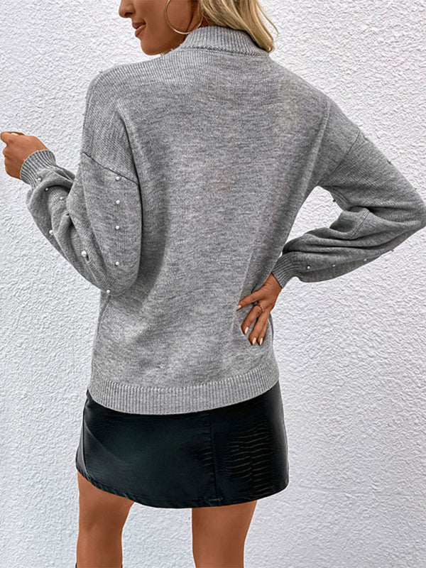 Sweaters- Faux Pearls Mock Neck Sweater- - Pekosa Women Clothing