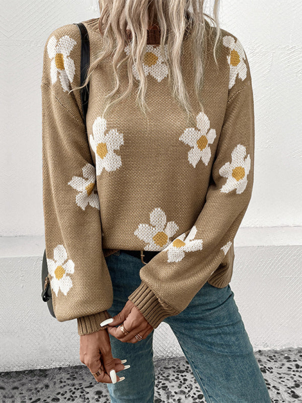 Sweaters- Floral Knitted Drop Shoulder Lantern Sleeve Sweater Jumper- Khaki- Pekosa Women Clothing