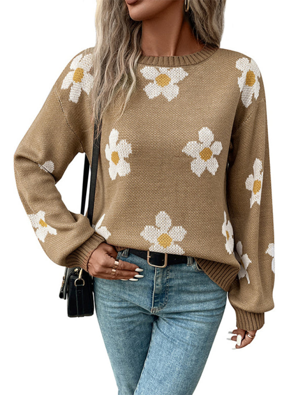 Sweaters- Floral Knitted Drop Shoulder Lantern Sleeve Sweater Jumper- - Pekosa Women Clothing