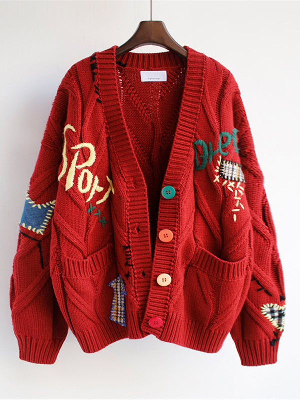 Sweaters- Knitted Chunky Sweater Cardigan: Patch Pockets, Artwork Accents- Red- Pekosa Women Clothing