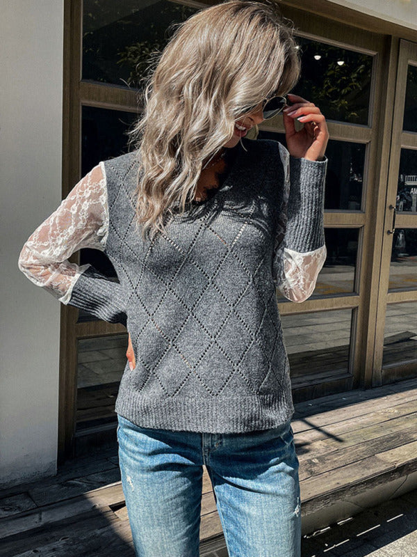 Sweaters- Knitted Diamond Lace Patchwork V-Neck Sweater- - Pekosa Women Clothing