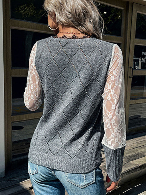 Sweaters- Knitted Diamond Lace Patchwork V-Neck Sweater- - Pekosa Women Clothing