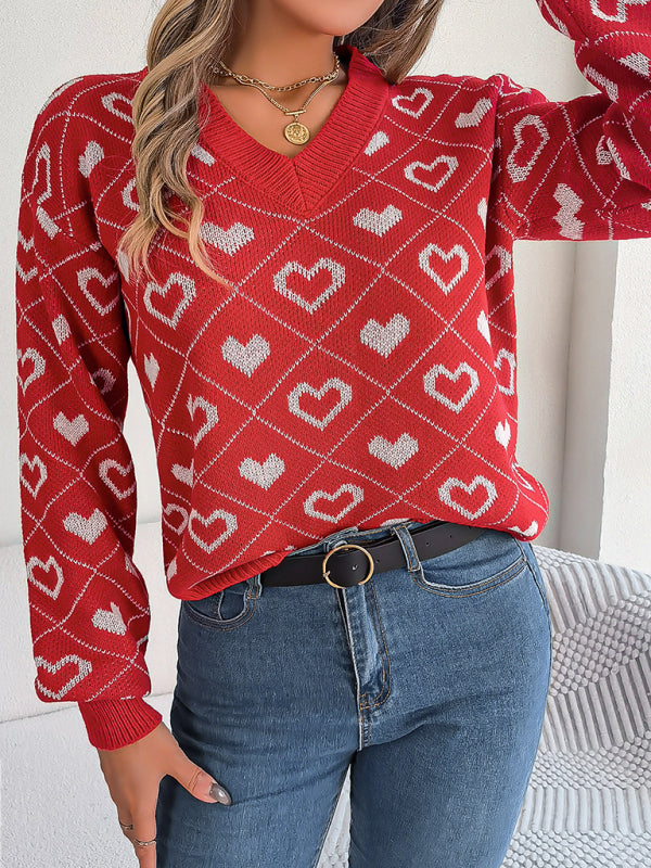 Sweaters- Knitted Heart Drop Shoulder V-Neck Sweater- - Pekosa Women Clothing