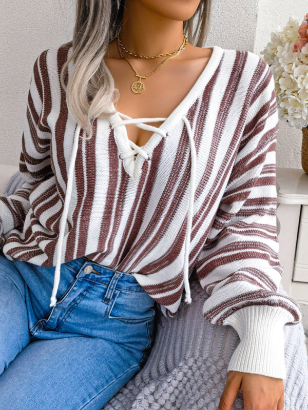Sweaters- Knitted Stripe V-Neck Drawstring Tie Sweater- - Pekosa Women Clothing