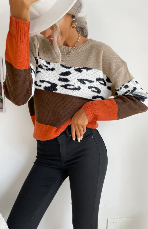 Sweaters- Leopard Color Block Knitted Long Sleeve Pullover Sweater- - Pekosa Women Clothing