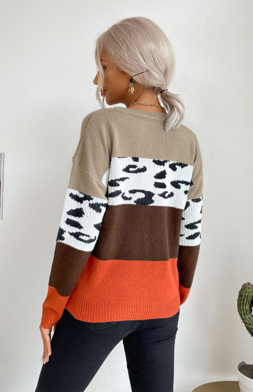 Sweaters- Leopard Color Block Knitted Long Sleeve Pullover Sweater- - Pekosa Women Clothing