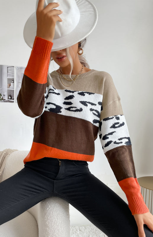 Sweaters- Leopard Color Block Knitted Long Sleeve Pullover Sweater- - Pekosa Women Clothing
