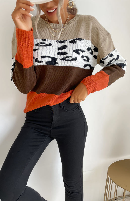 Sweaters- Leopard Color Block Knitted Long Sleeve Pullover Sweater- - Pekosa Women Clothing
