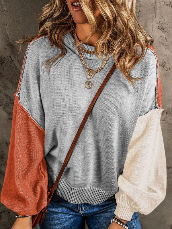 Sweaters- Multi Tones Oversized Patchwork Knit Sweater- Grey- Pekosa Women Clothing