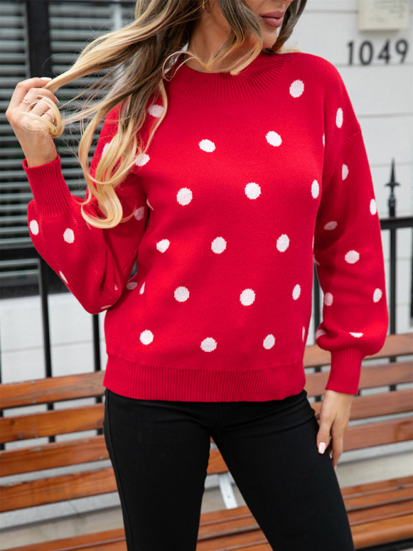 Sweaters- Polka Dot Knitted Relax Drop Shoulder Sweater- Red- Pekosa Women Clothing