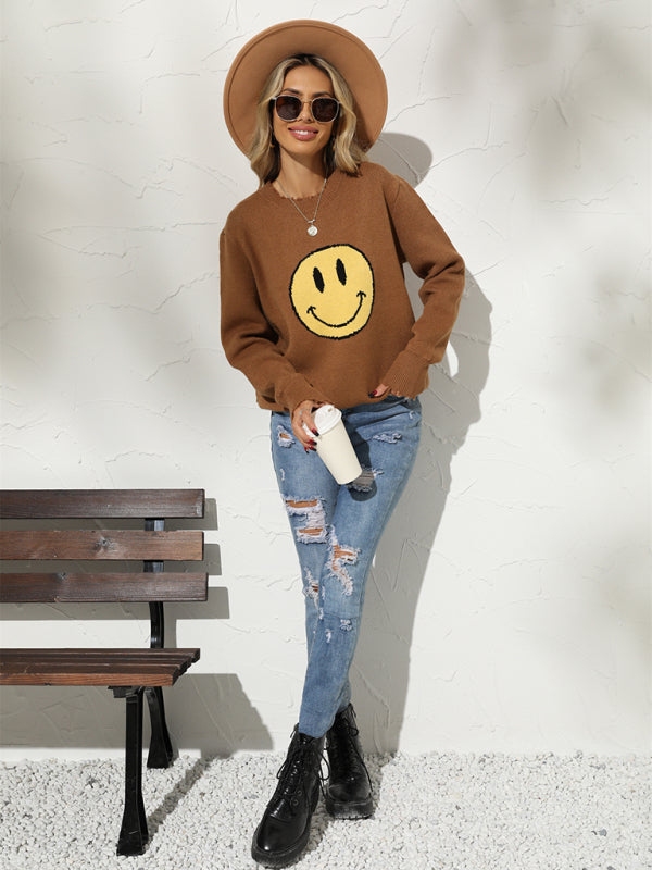 Sweaters- Ripped Knitting Smiley Face Graphic Sweater- - Pekosa Women Clothing