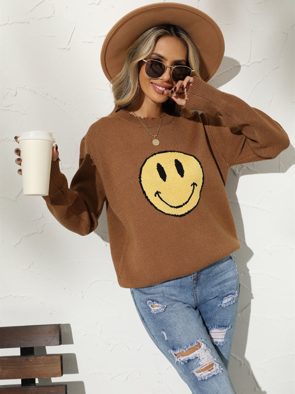 Sweaters- Ripped Knitting Smiley Face Graphic Sweater- - Pekosa Women Clothing
