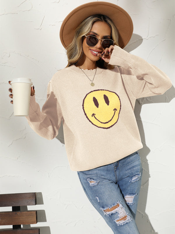 Sweaters- Ripped Knitting Smiley Face Graphic Sweater- - Pekosa Women Clothing